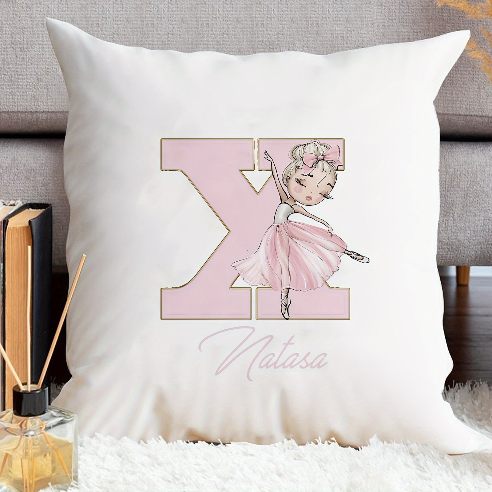 Shaxsiylashtirilgan samoviy yostiq qopqog'i, balet qiz dizayni bilan, pushti harflar, divan uchun dekor, bitta tomonli bosma