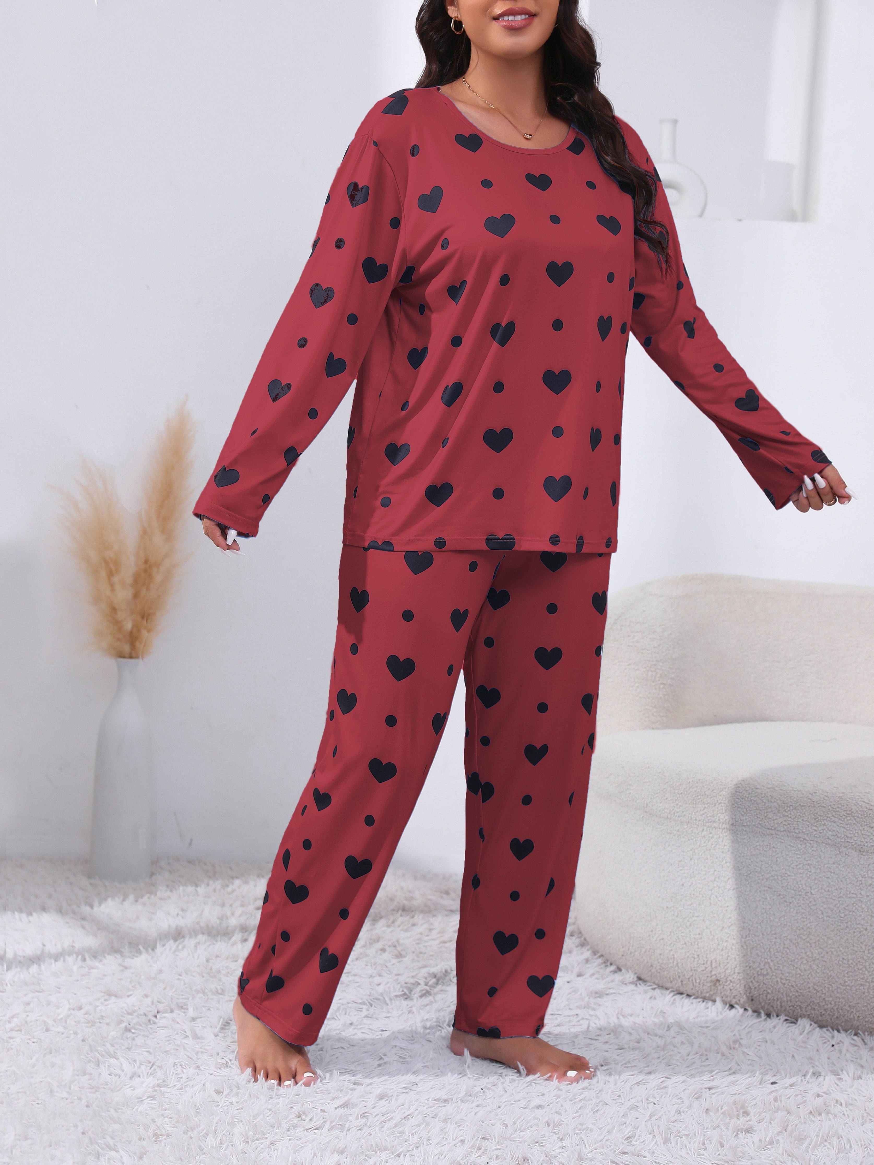 Plus Size Women's Pajama Set Long Sleeve Heart Print Lounge Two Piece
