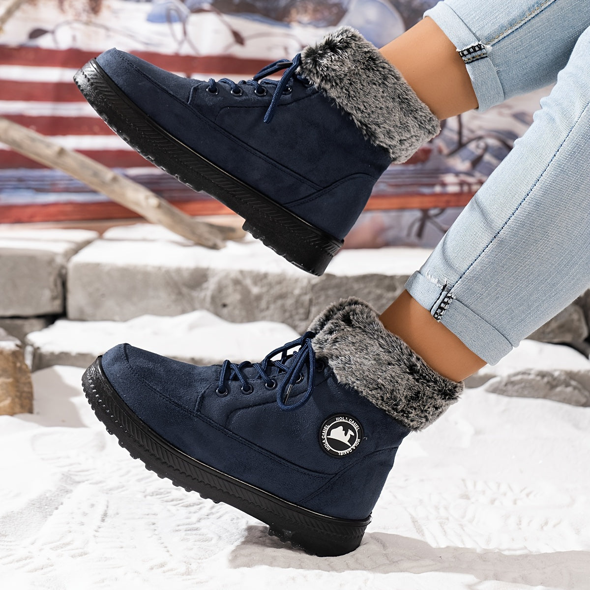 Ladies Winter Faux Leather Lace-Up Snow Boots Waterproof Anti-slip