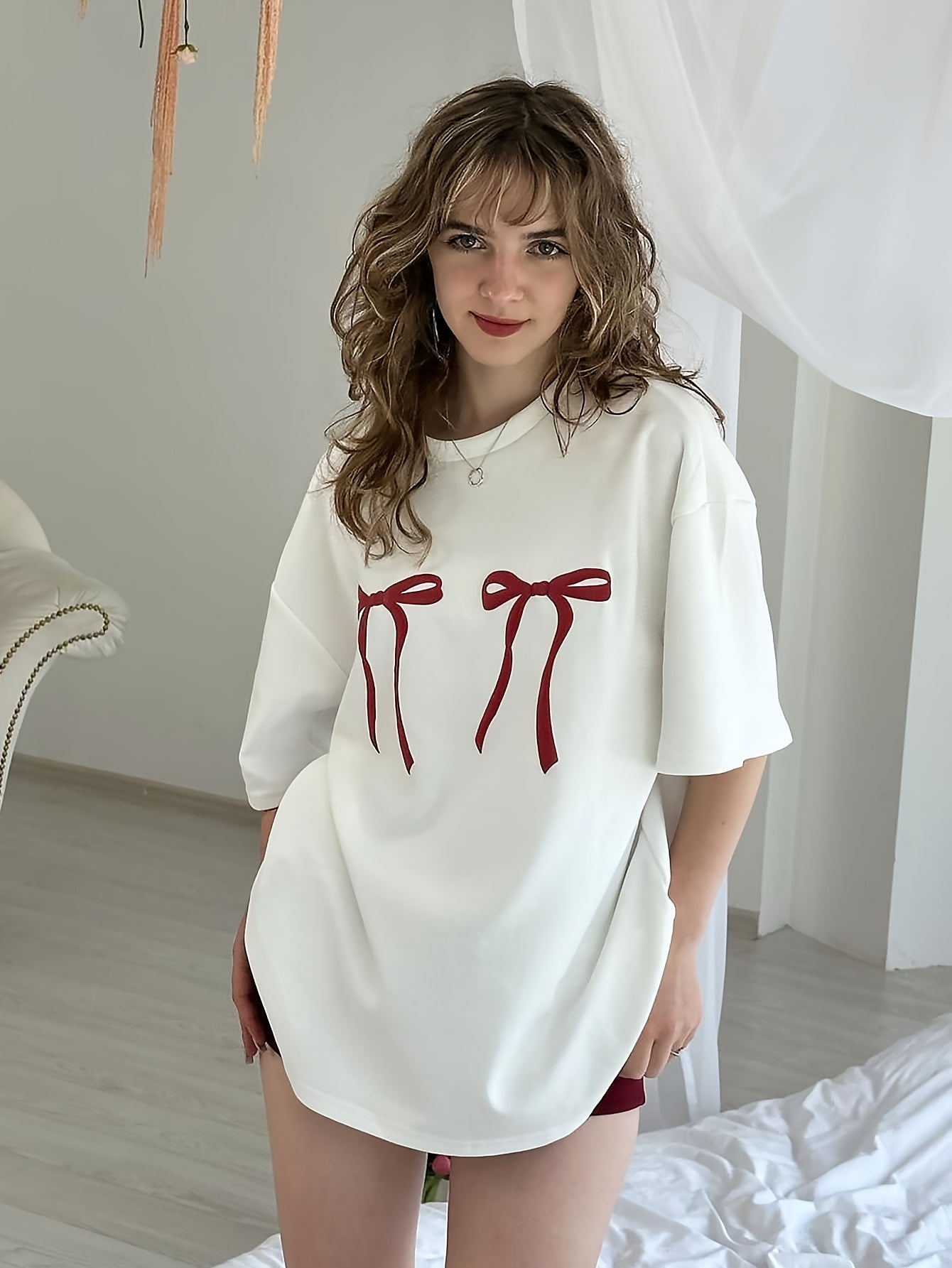 Women's Casual Butterfly Print T-Shirt with Bow Detail Polyester Knit