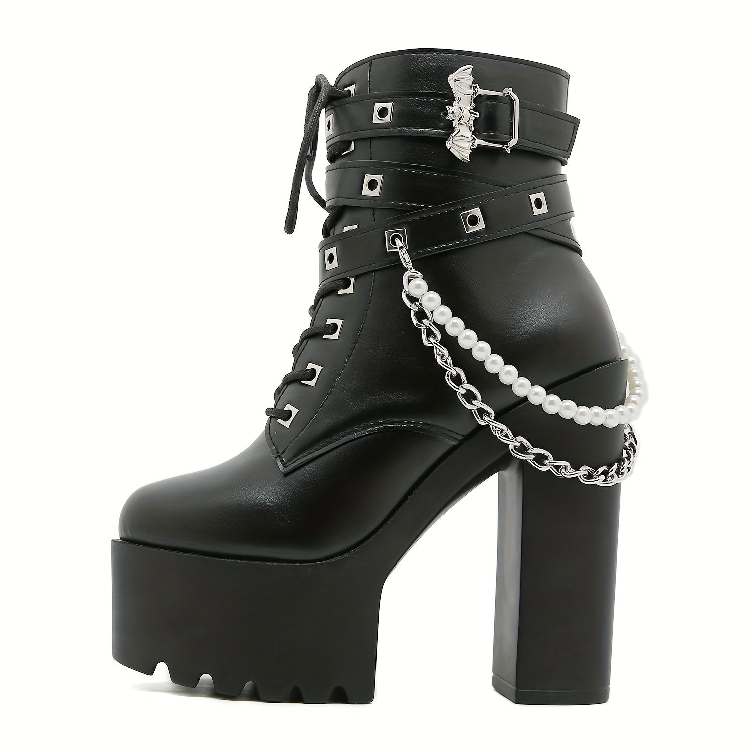 Women's Punk Platform Ankle Boots with Chain Accents Chunky Heel