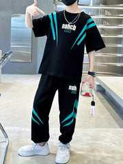Boys' Medium-Large Sports Suit with Lightning Print Short Sleeve Long Pants Spring Summer Casual