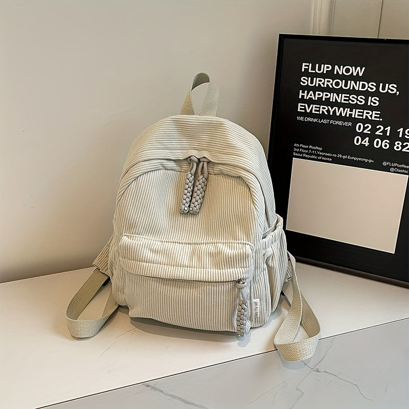 Small Corduroy Backpack for Winter Casual Students Water-Resistant Zipper Closure