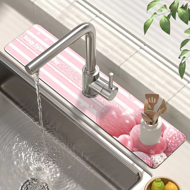 Pink Striped Love Faucet Mat Moisture-Proof Absorbent Kitchen Bathroom Drain Pad