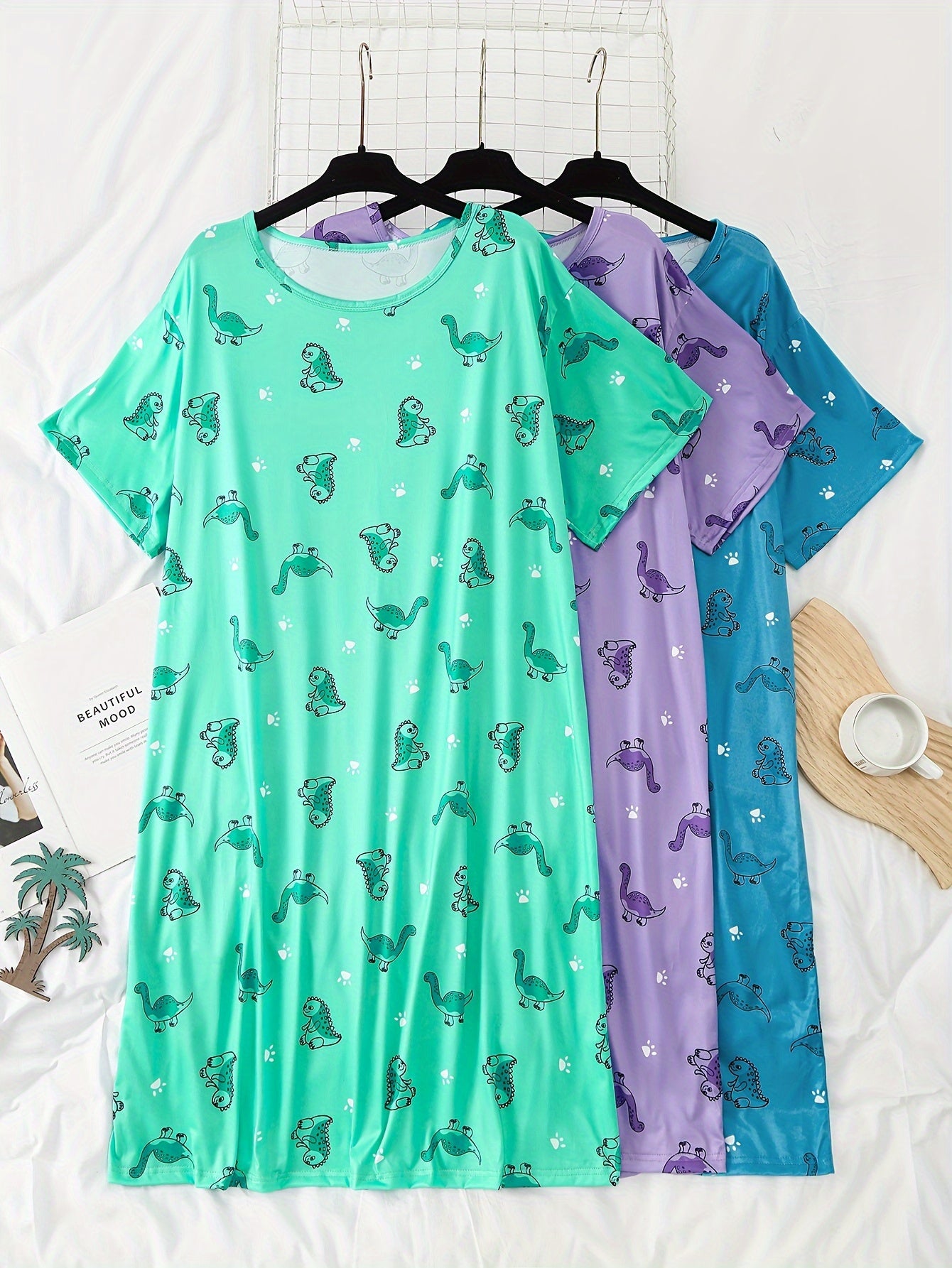 Women's Plus Size Cartoon Dinosaur Short Sleeve Sleep Dress