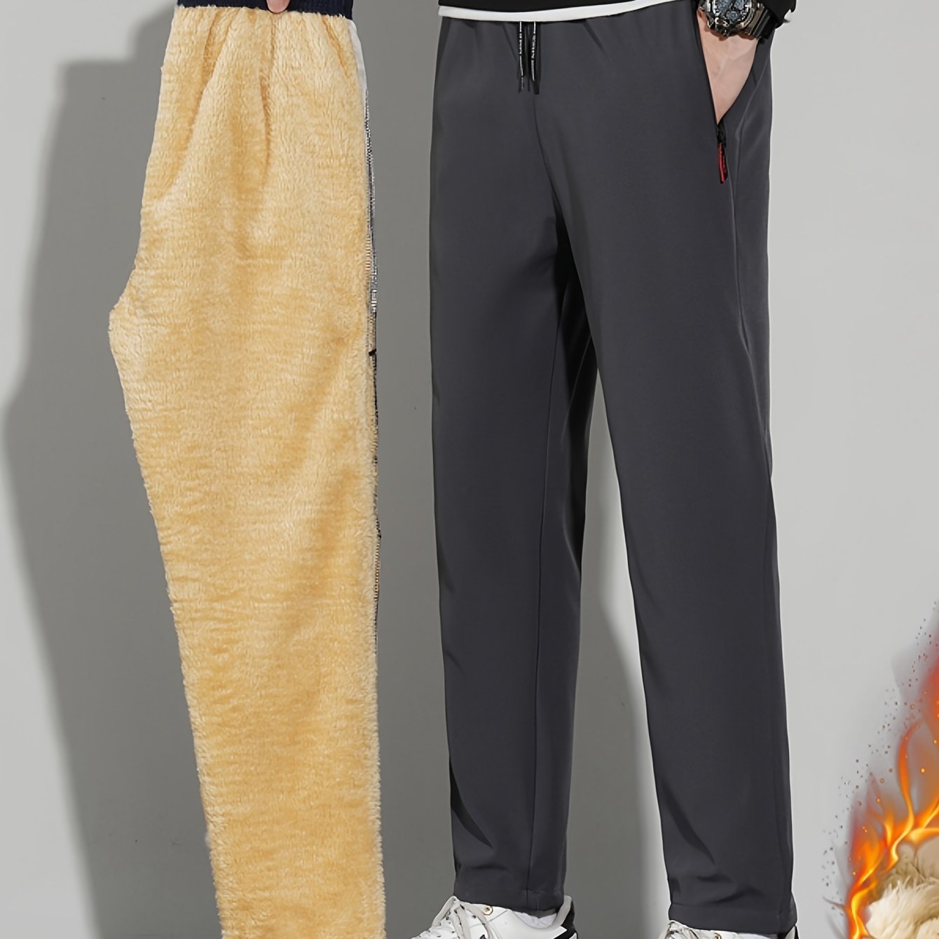 Men's Winter Fleece-Lined Casual Pants Solid Polyester Regular Fit Zipper Details