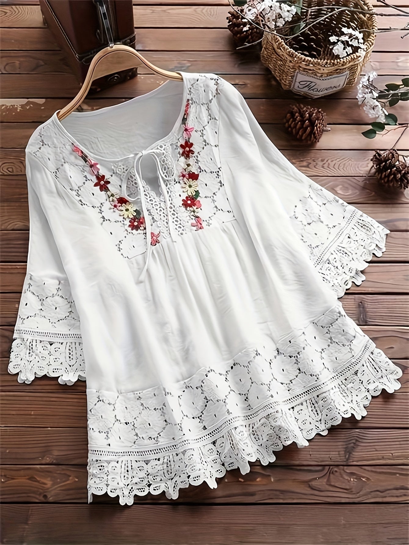 Women's Long Sleeve Shirt with Embroidered Lace Trim Crew Neck Cotton Blend Casual Spring Fall