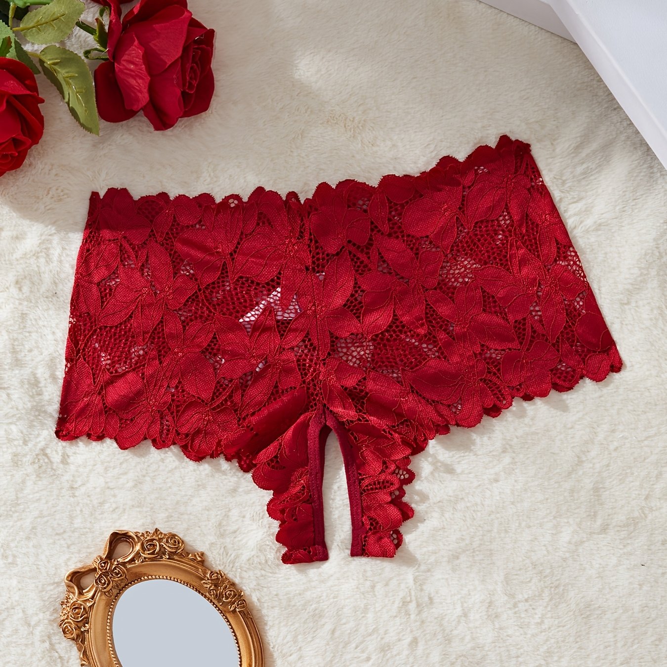 Women's Plus Size Black Lace Trim Bikini Briefs with Floral Embroidery