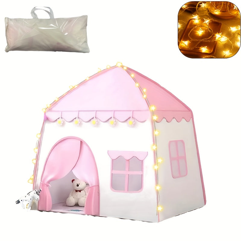 Pink Kids Play Tent Indoor Outdoor with Star Lights and Pink Flower Decorations