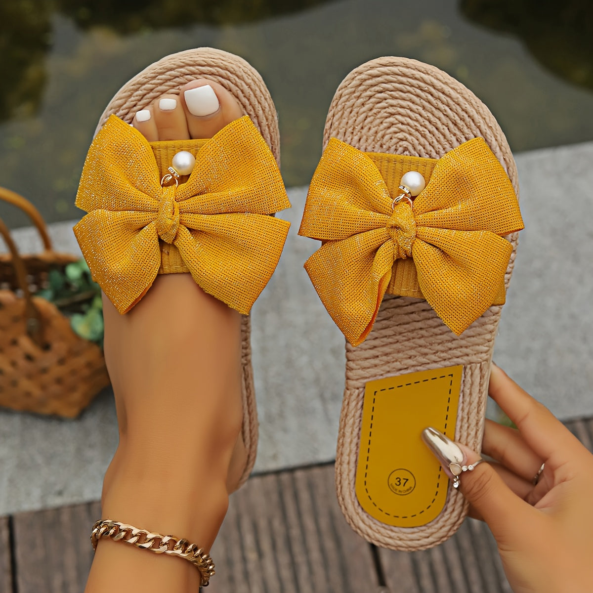 Women's Bowknot Decor Slide Sandals Casual Flat Summer Footwear Open Toe