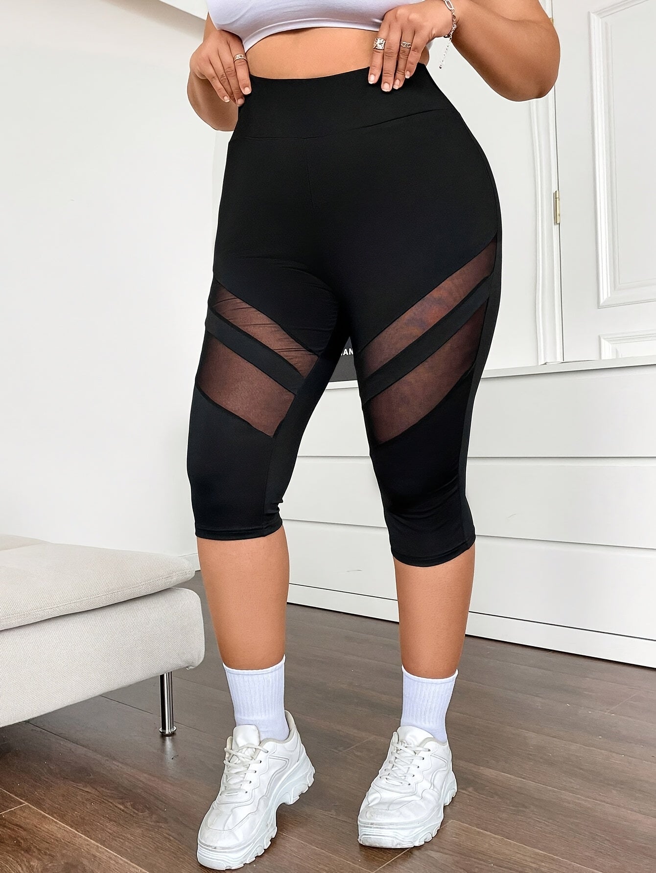 Plus Size Womens High-Waisted Mesh Panel Capri Leggings Black Breathable Summer Activewear