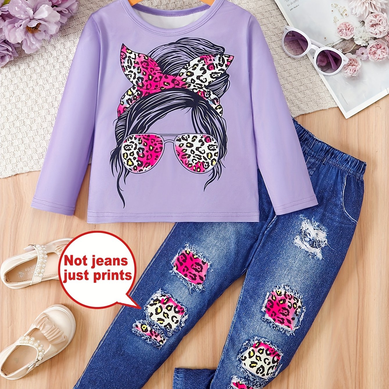 Girls' 2-Piece Spring and Autumn Set Long-Sleeved Top and Pants Digital Face Print