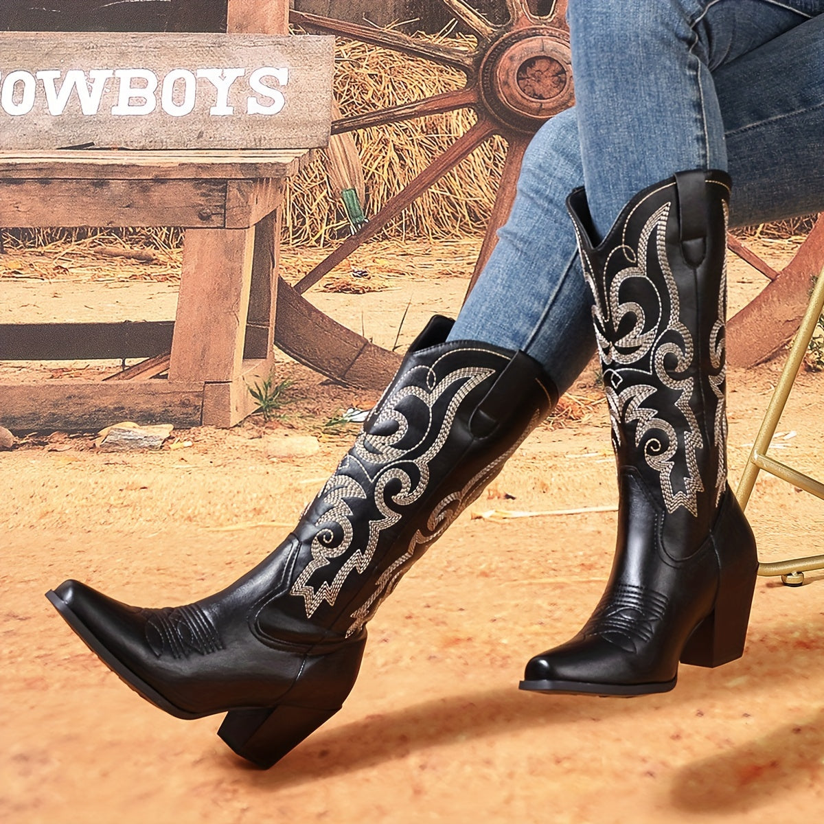 Women's Chunky Heel Mid Calf Boots Leather Point Toe Slip-On Comfortable