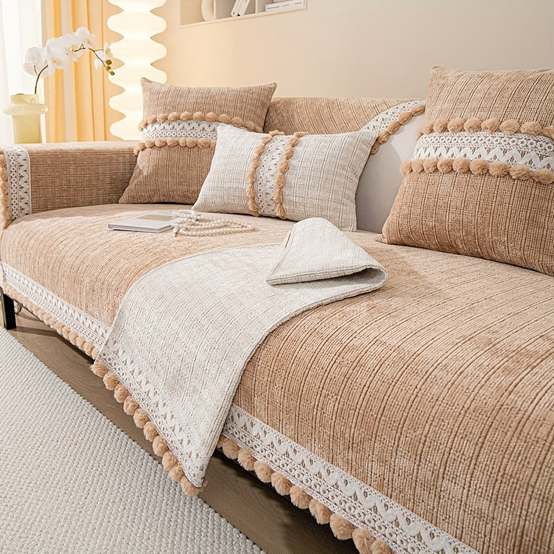 Зеленый чехол для дивана из шенилла с помпонами - водонепроницаемый и дружелюбный к домашним животным, подходит для всех размеров диванов (на 1-4 человека) - легкий в уходе, можно стирать в машине, с кисточками, идеален для любого декора комнаты