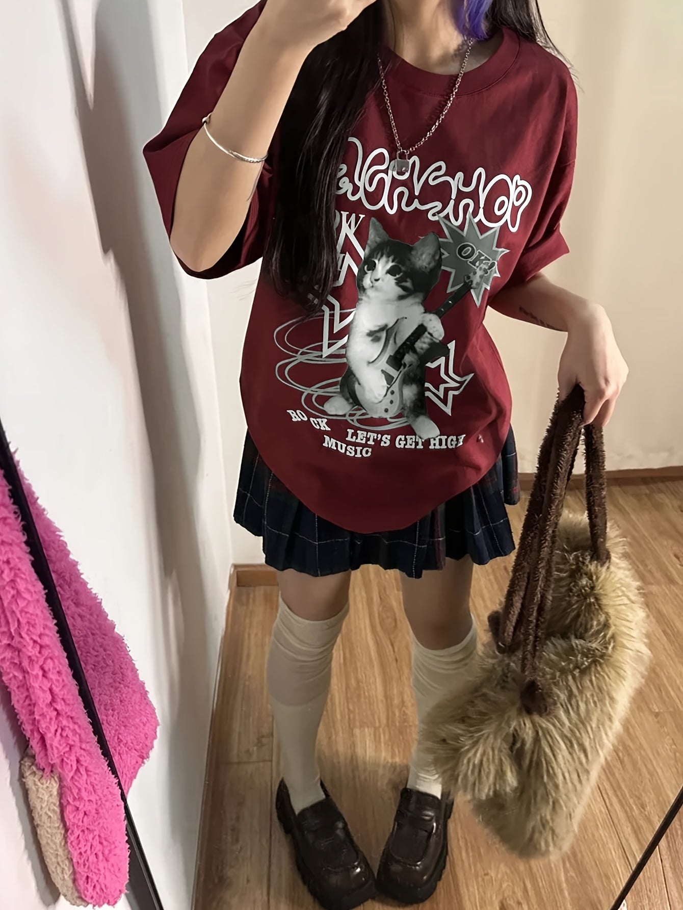 Women's Y2K Maroon Graphic T-Shirt with Black Cat and Artistic Lettering