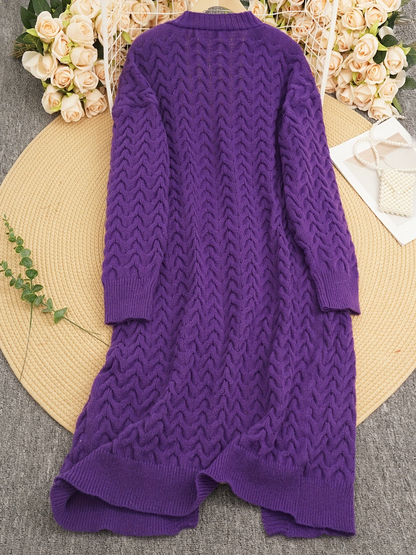Women's Purple Cable Knit Cardigan Long Sleeve V-Neck Button Up Fall Winter