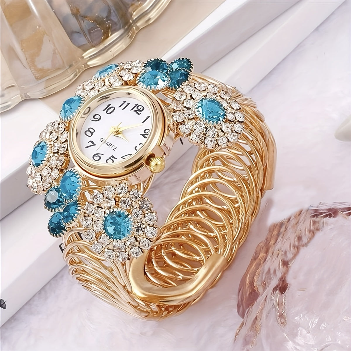 Women’s Rhinestone Quartz Watch Set with Jewelry Bracelet and Cuff in Boho Style