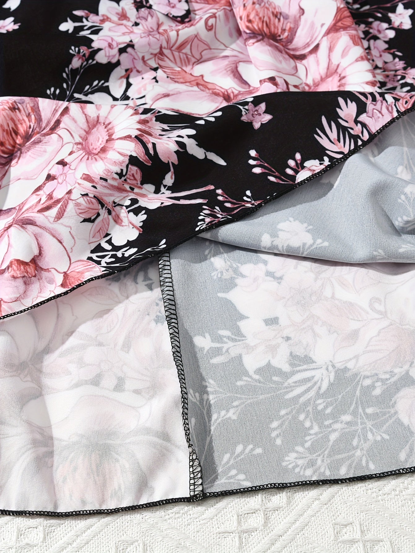 Girls Summer Blue Floral Spliced Knee High Dress with Belt and Short Sleeves