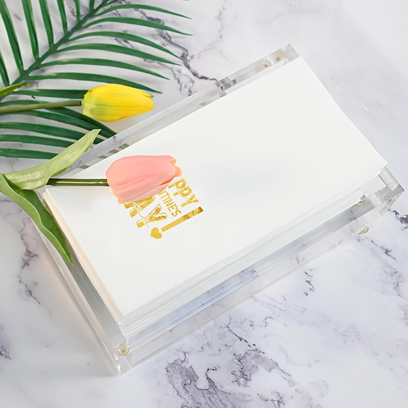 20 dona Sevgi kuni qog'oz servetkalar to'plami, oltin folga bosma dizayni bilan, to'y va yubiley tadbirlari uchun uch qismga egilgan uslubda.