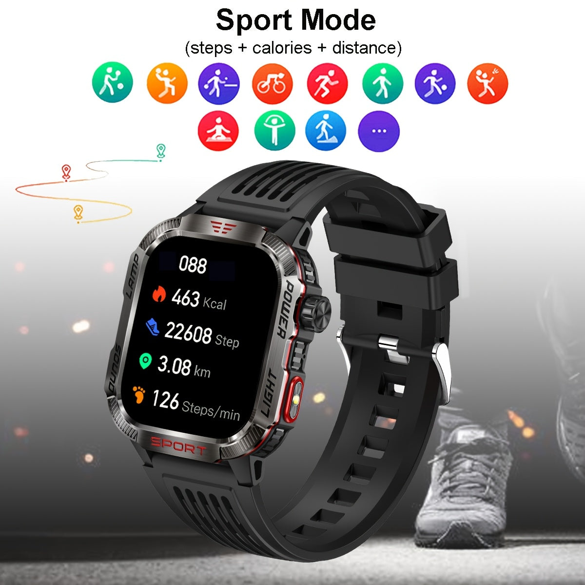 Outdoor Waterproof Smartwatch with Wireless Call Fitness Tracking and LED Flashlight