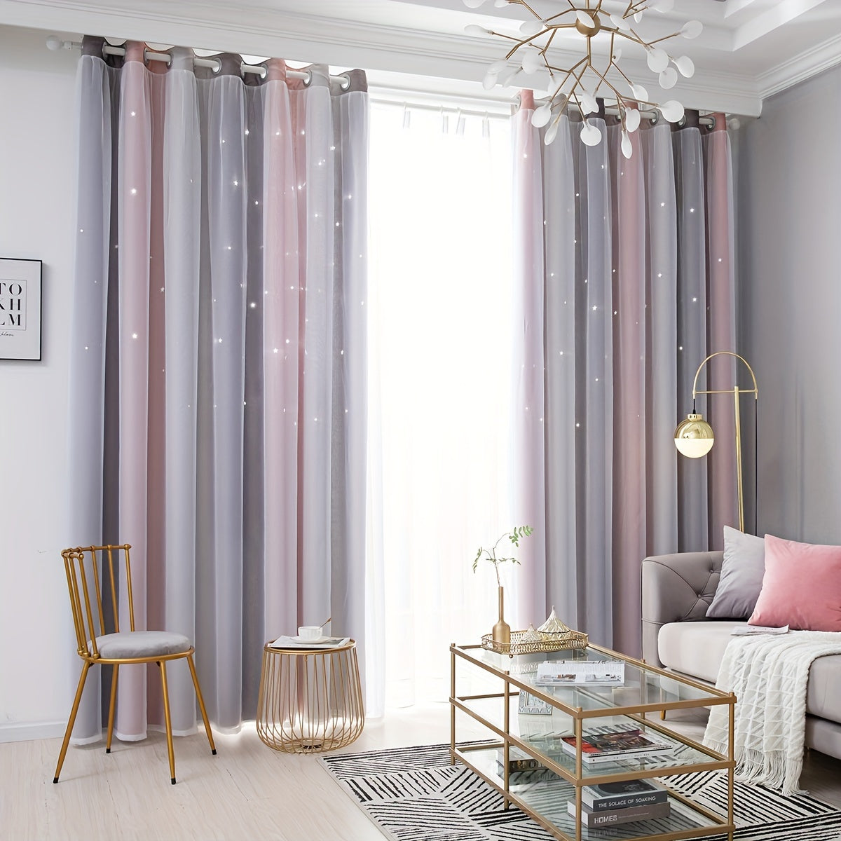 Gradient Blackout Curtains for Bedroom and Living Room Star Pattern Window Drapes