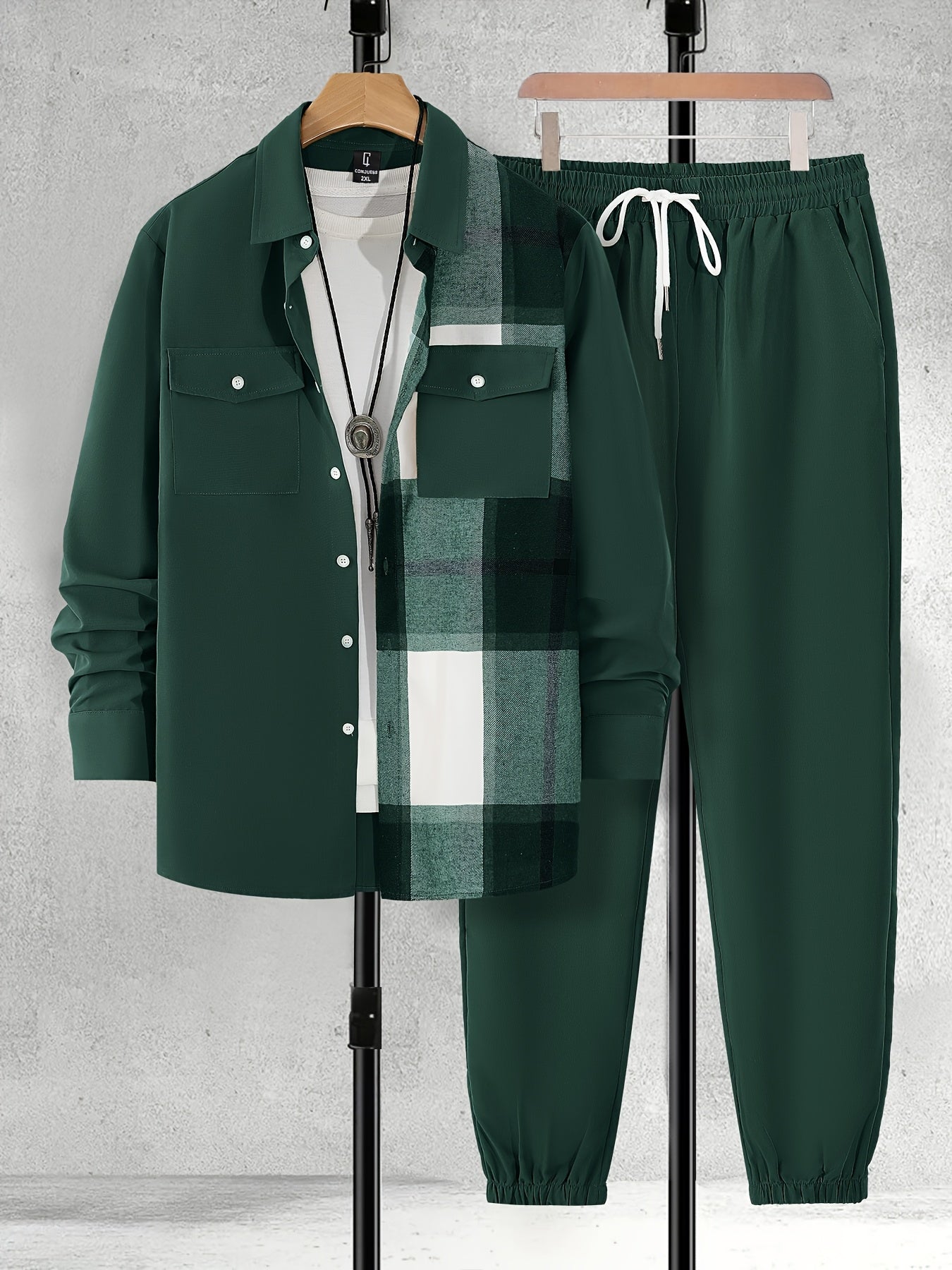 Мужской комплект большого размера из фланели с клетчатой рубашкой и штанами на шнурке, полиэстер, повседневный стиль