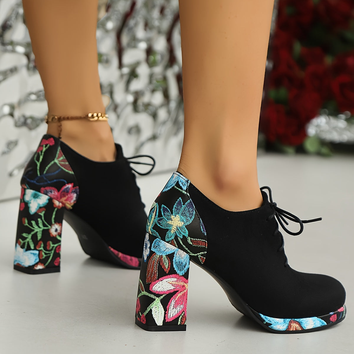 Women's Ankle Boots Fabric Platform Lace-Up Chunky Heel Black Floral Navy Red