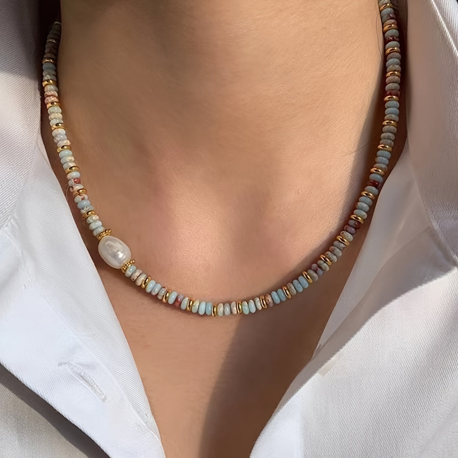 Винтажное французское стильное ожерелье на ключицу, украшенное пресноводной жемчужиной и натуральным каменным кулоном - элегантный аксессуар для повседневной носки и вечеринок.