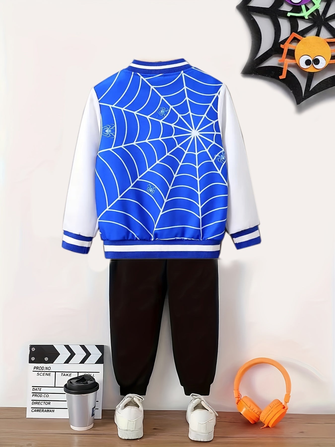 Kids Boys Spider Print Baseball Jacket and Pants Set Long Sleeve Spring Fall Casual