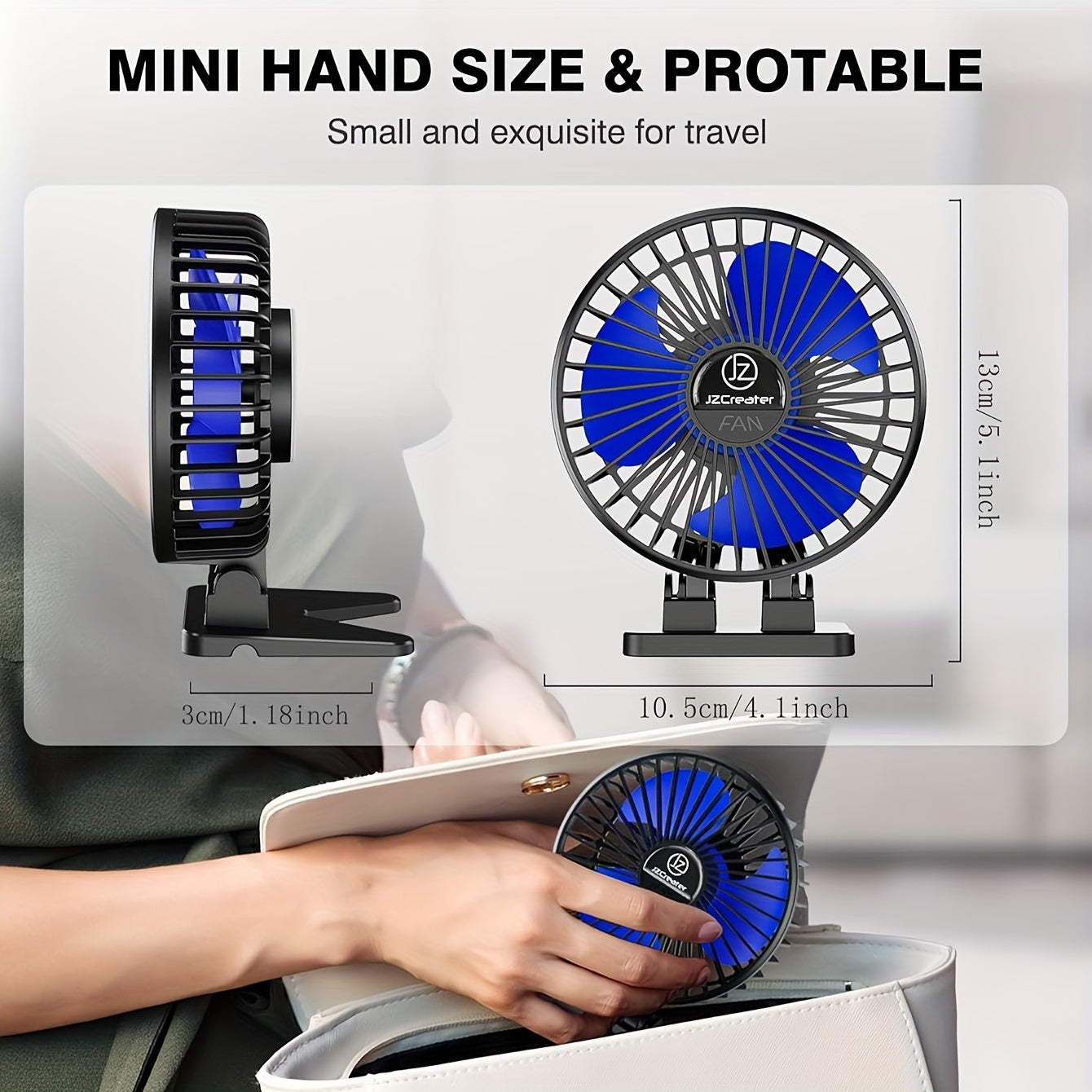 Mini USB Desk Fan Black Blue 3 Speed Portable Cooling for Home Office Travel