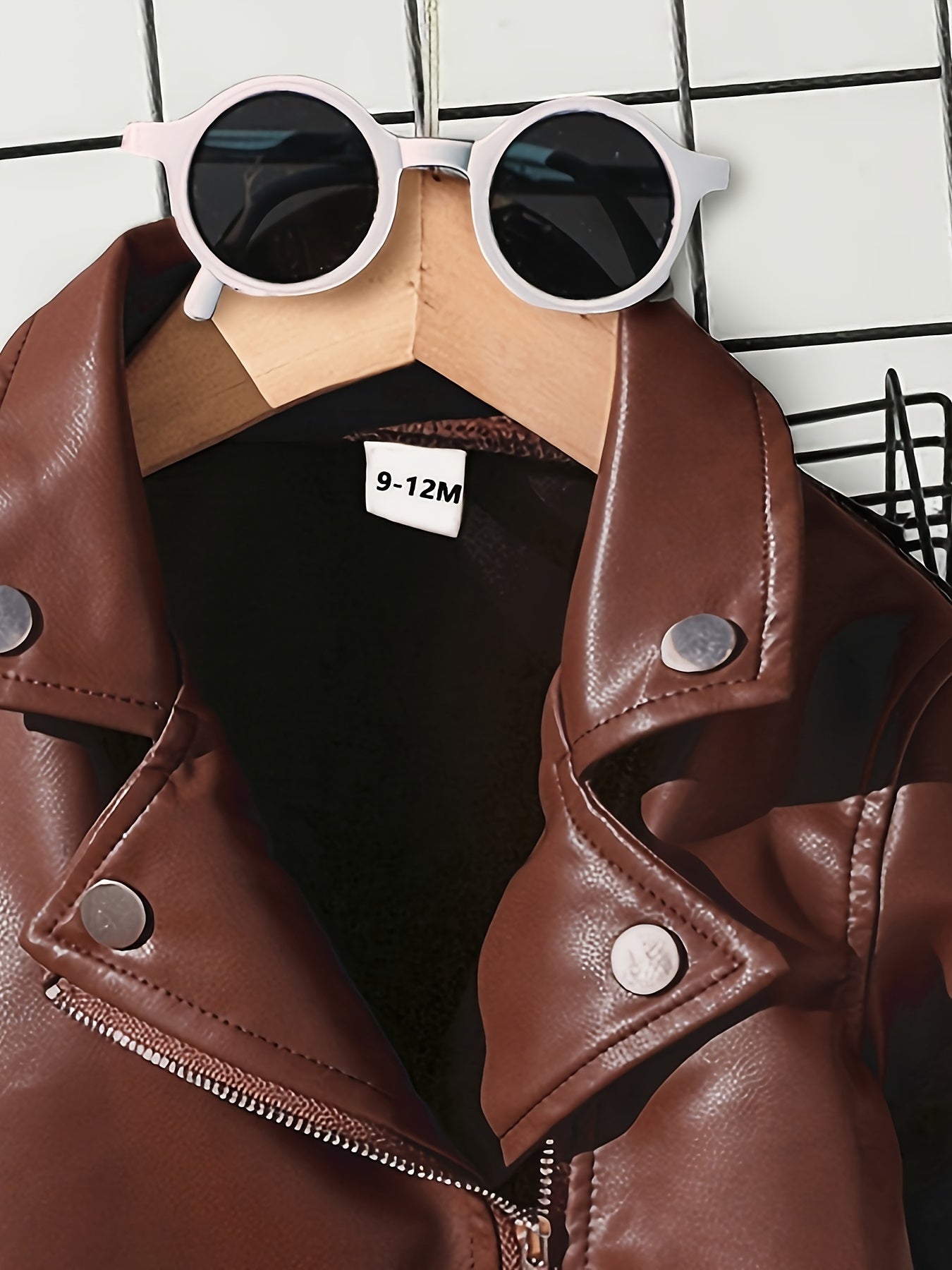 Kids Brown PU Jacket with Zipper, Lapel Collar, Faux Pockets for All-Season Casual Wear