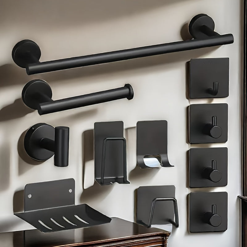 11-Piece Stainless Steel Bathroom Set Black and Silver Modern Accessories with Towel Bar Hooks and Soap Dish