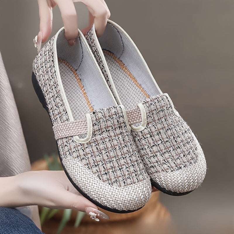 Women's Canvas Slip-On Sneakers with Geometric Pattern and Rubber Sole