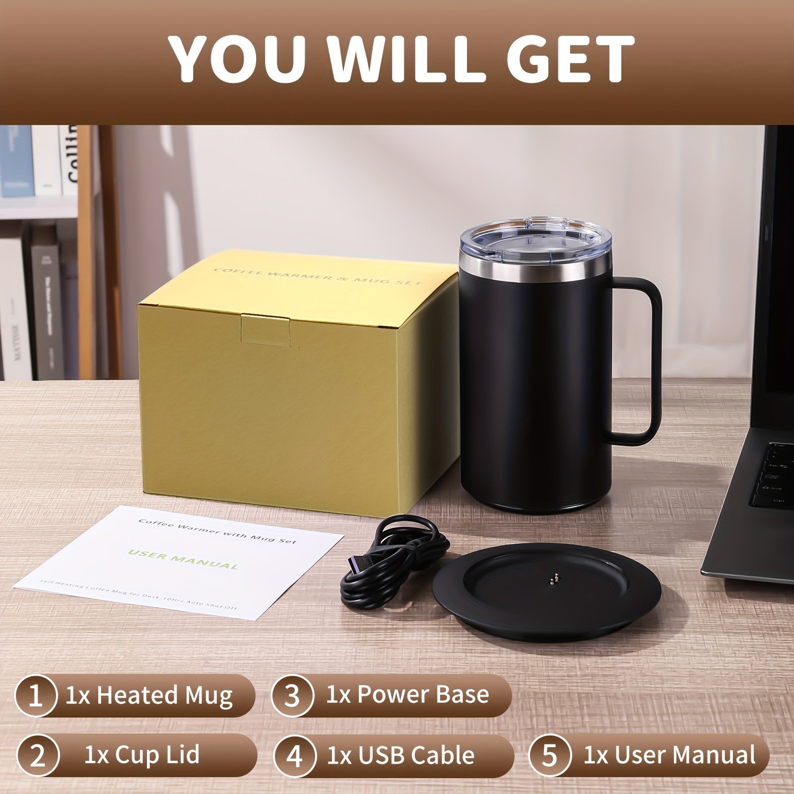 Large Stainless Steel Heated Coffee Mug with Lid USB Portable Hot Drink Keeper