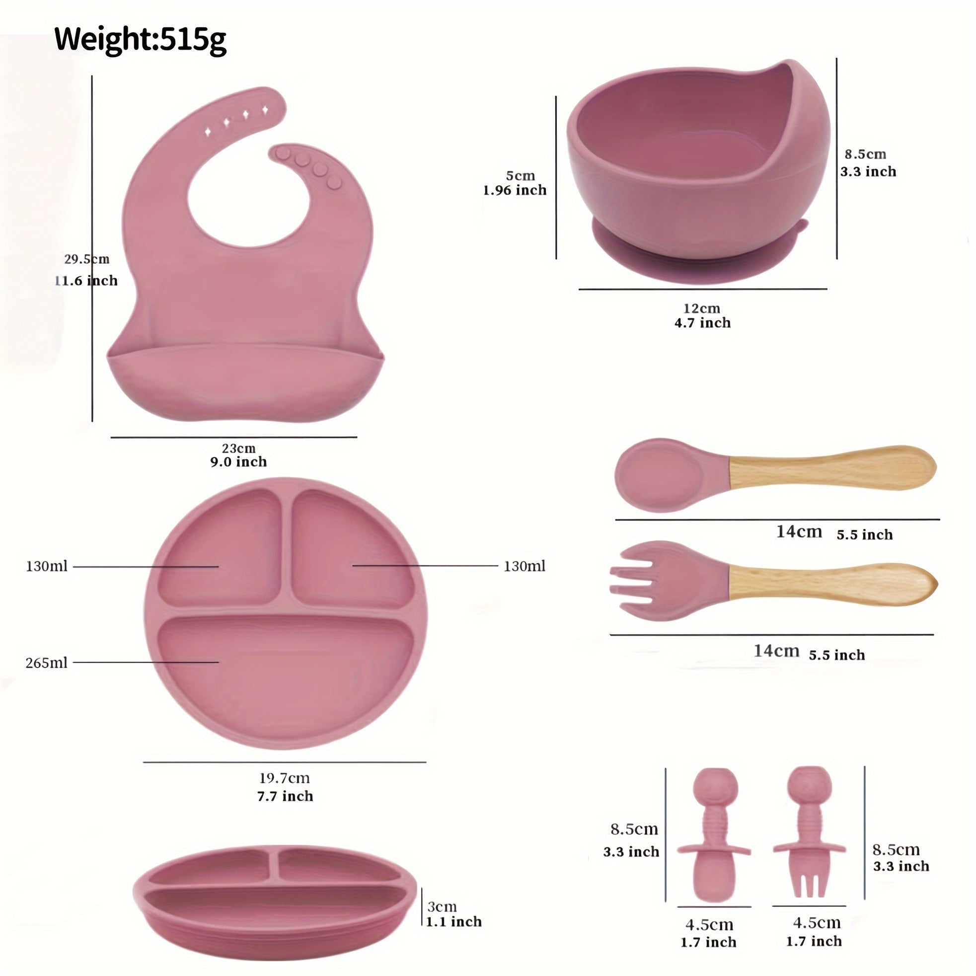 7-Piece Silicone Baby Utensils Set with Bowl Plate and Wooden Handle Spoons Forks Green