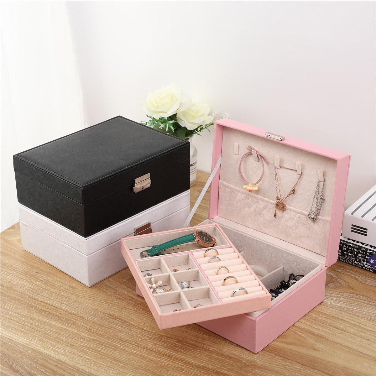 Caja de almacenamiento para joyas de lona impermeable, organizador para anillos, pendientes, collares y pulseras, para debajo de la cama