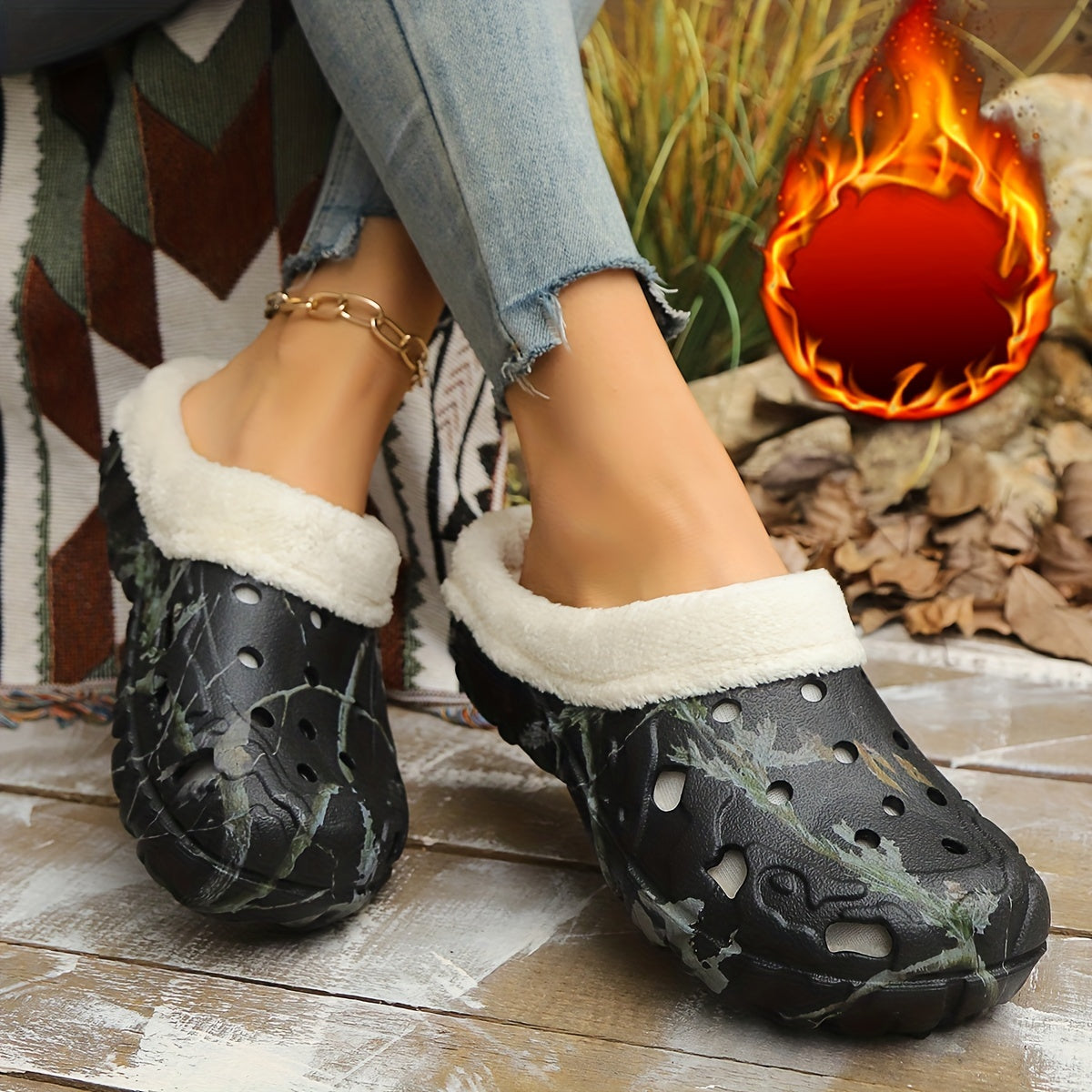Women's Camouflage EVA Slip-On Shoes with Plush Faux Fur Indoor Outdoor