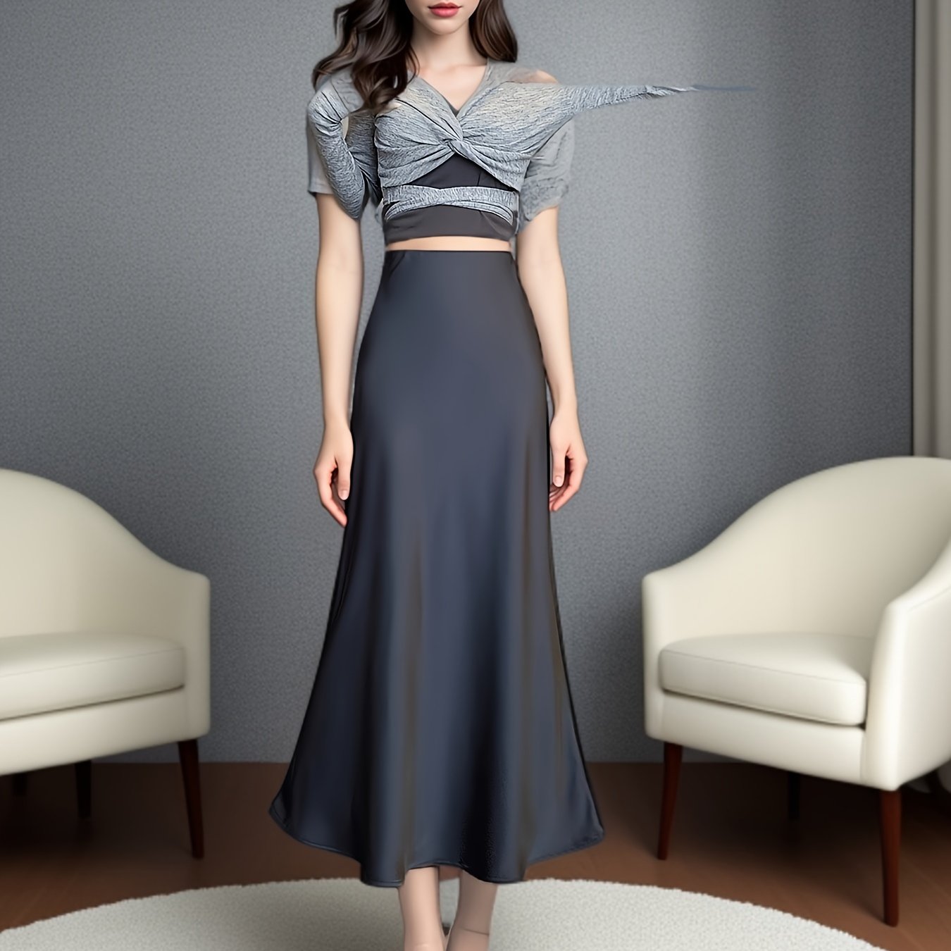 Women's Satin Midi Skirt Fishtail Design Elastic Waist Solid Color Summer