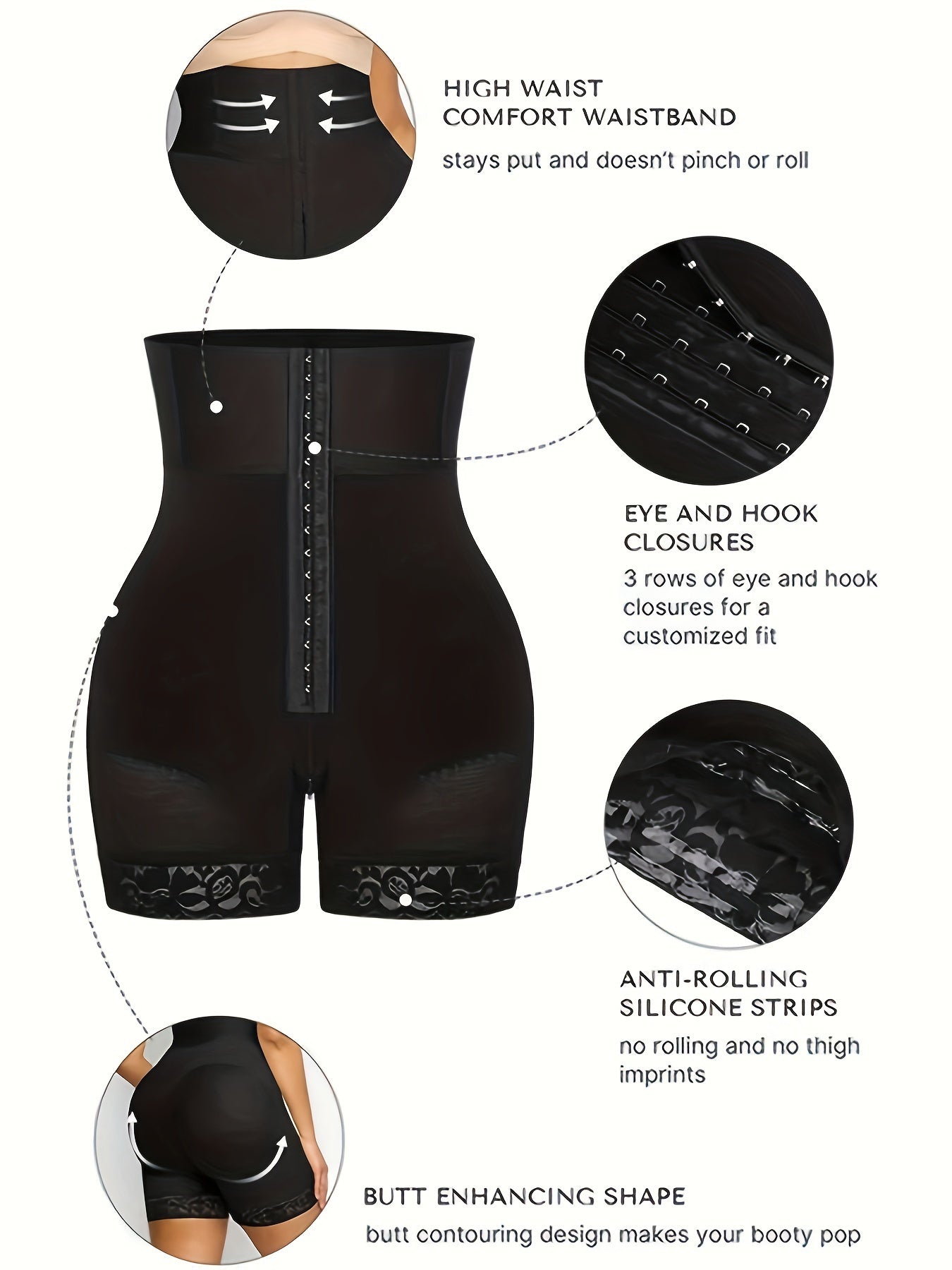 High Waist Shapewear Shorts Solid Color with Contrast Lace Adjustable Waist Nylon Spandex