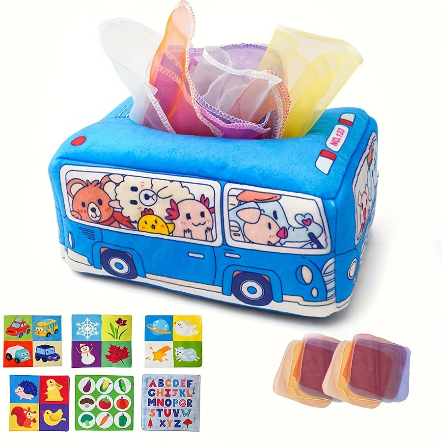 Yumshoq mato bolalar uchun tissue qutisi o'yinchoq, sezgirlik o'yini uchun, krinkli ovozli, ko'p rangli transport vositasi, 0-3 yosh