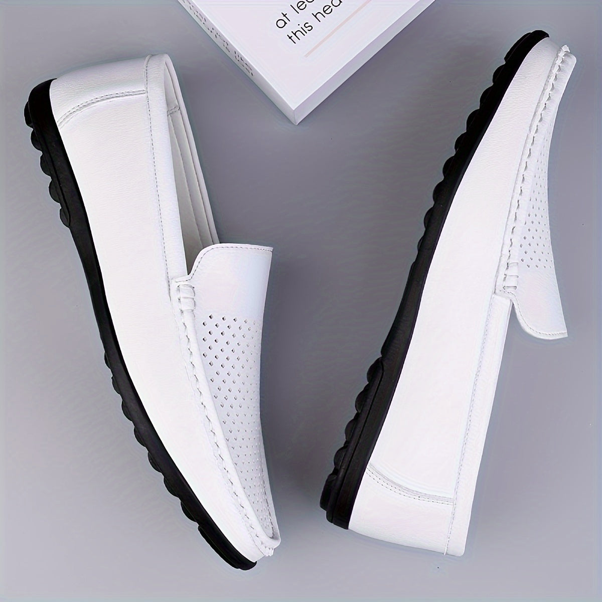 Men's White Leather Slip-On Loafers Spring Summer Breathable Perforated Comfort