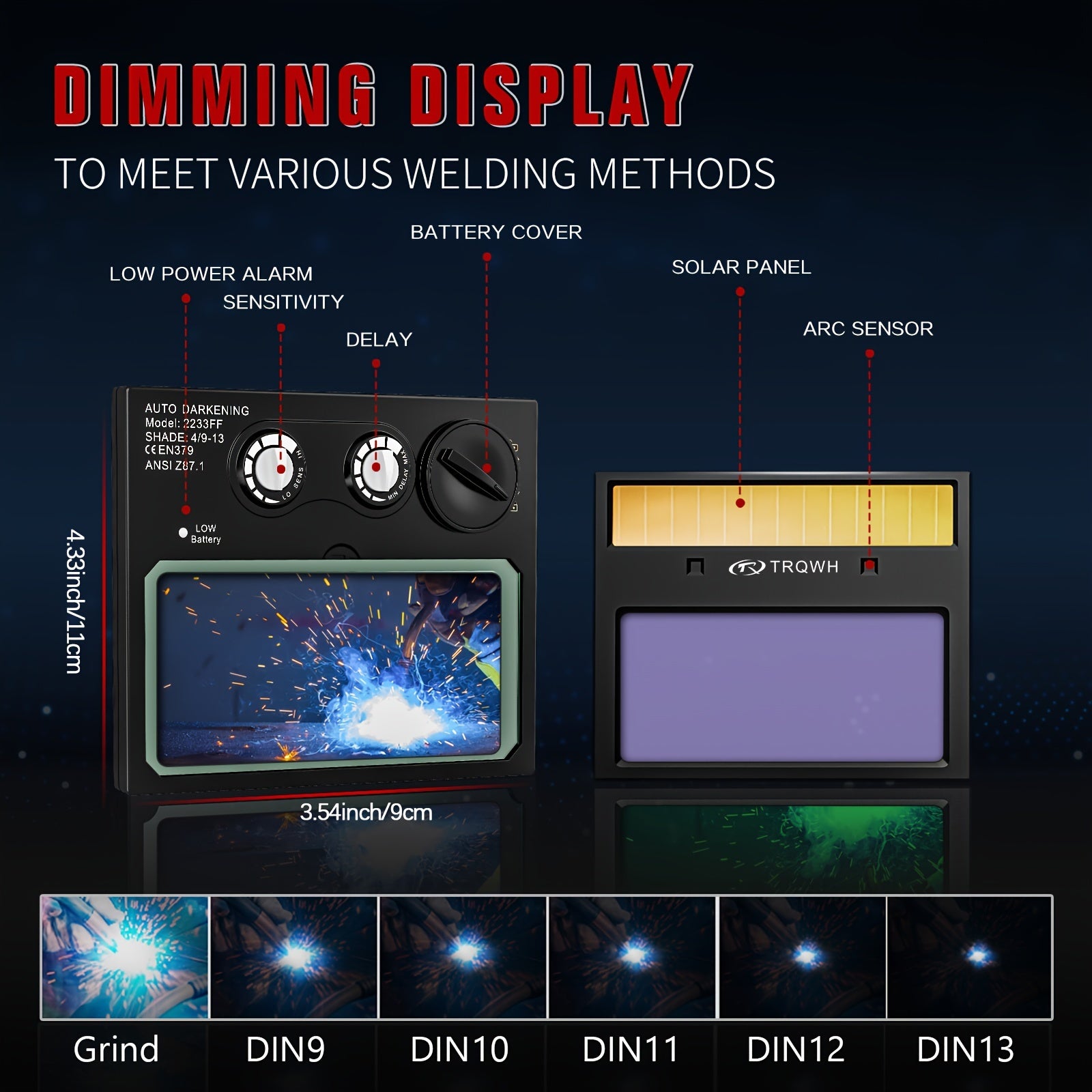 Auto Darkening Welding Helmet for Men with Top Optical Clarity Wide Shade 9-13 Solar Powered for MIG TIG ARC Welding and Grinding