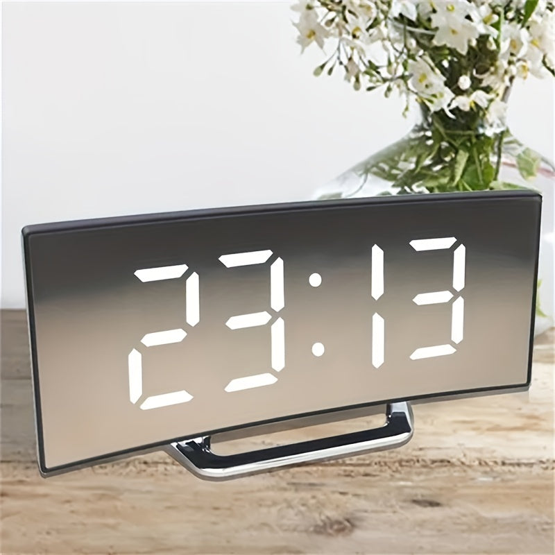 Digital LED Curved Alarm Clock with Snooze Mirror Desk Clock for Home Office Decor