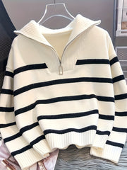 Women's Striped Zip-Up Sweater with High Neck, Long Sleeves, Spring Fall Casual Knit