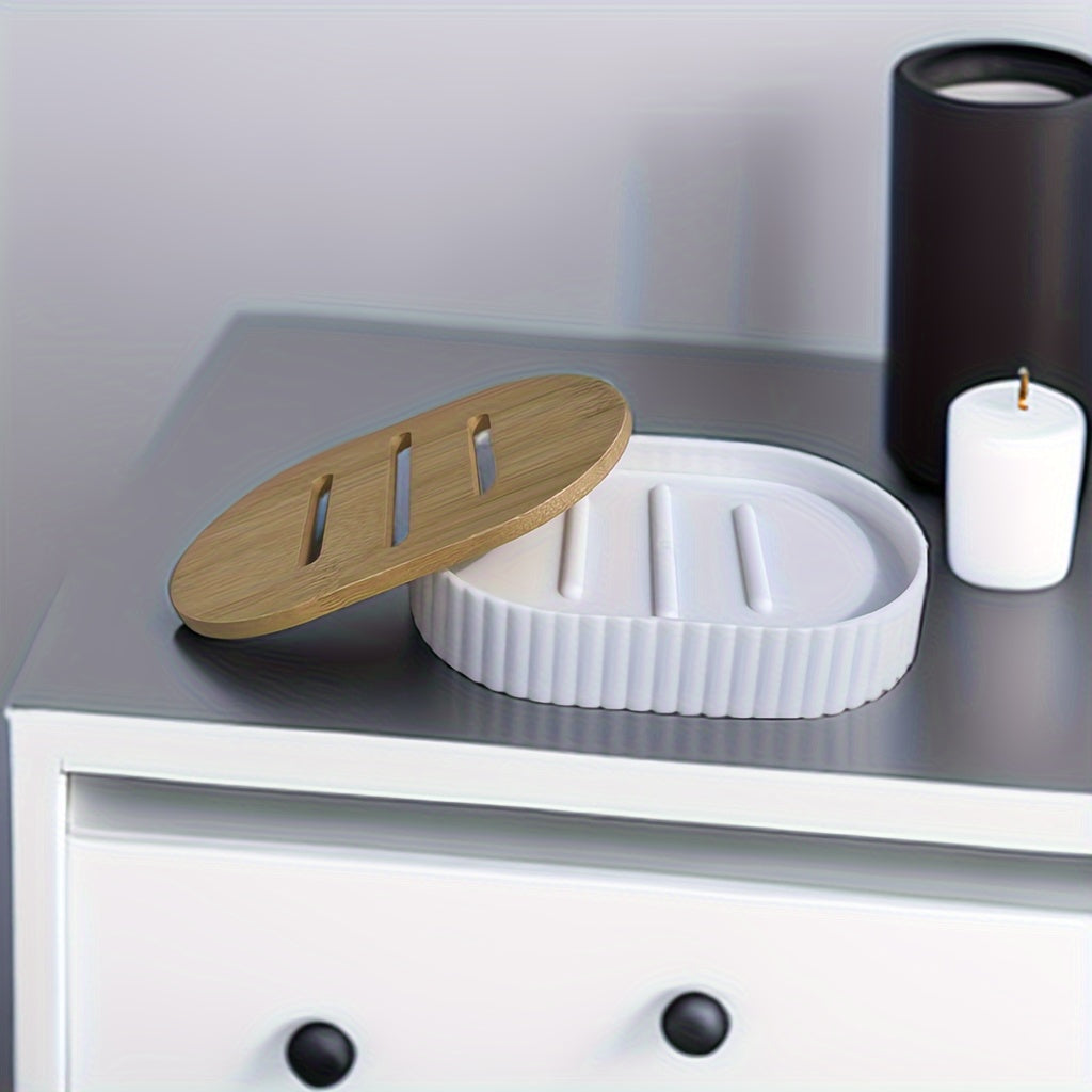 4-Piece Bamboo Bathroom Accessories Set with Dispenser, Toothbrush Holder, Soap Dish and Mat