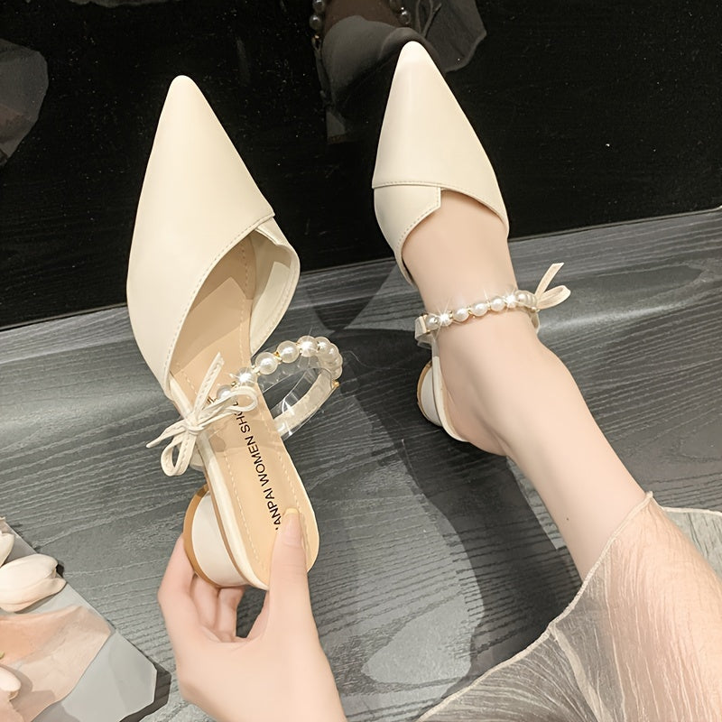 Women's Summer Mules with Faux Pearl Ankle Strap and Chunky Heel