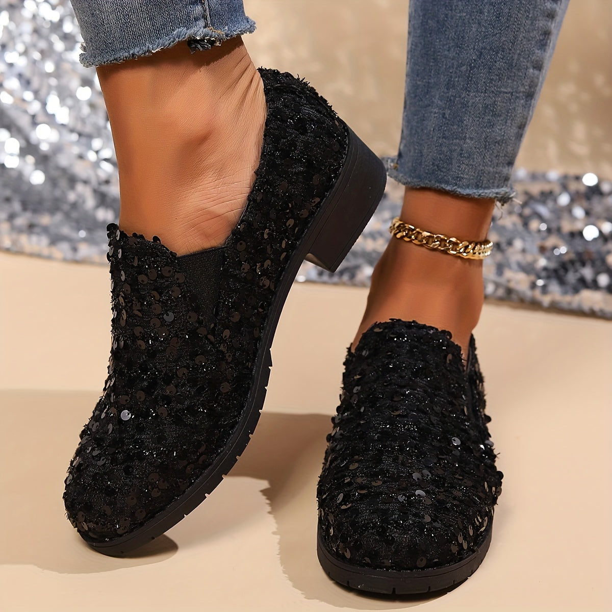 Women's Black Sequin Loafers with Chunky Heel Breathable Fabric Slip-On All-Season