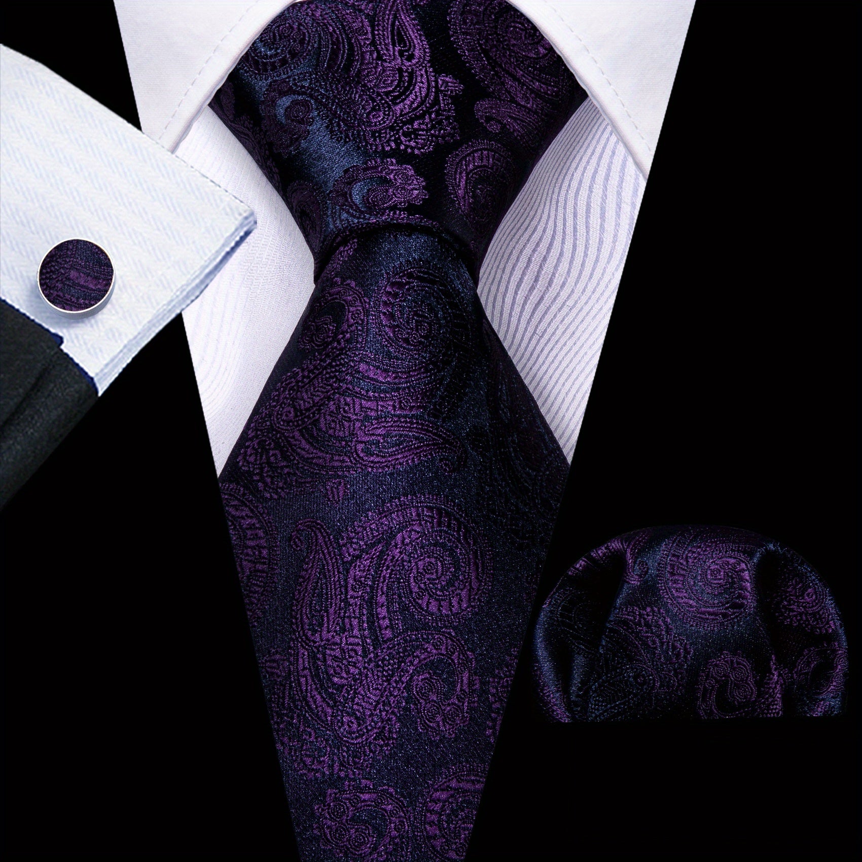 Men's Green Paisley Jacquard Tie Set with Pocket Square and Cufflinks for Weddings and Parties