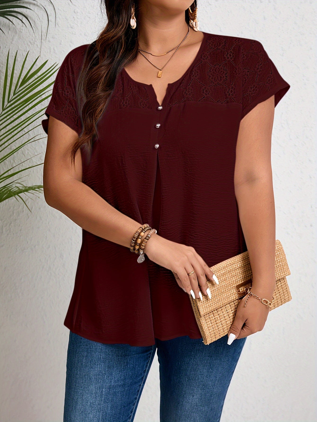 Plus Size Women's Top with Lace Detail V-Neck Non-Stretch Polyester for Spring Summer Fall