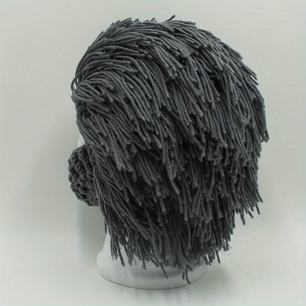 Punk Style Beanie with Attached Straight Hair Wig and Knitted Beard for Parties and Holidays